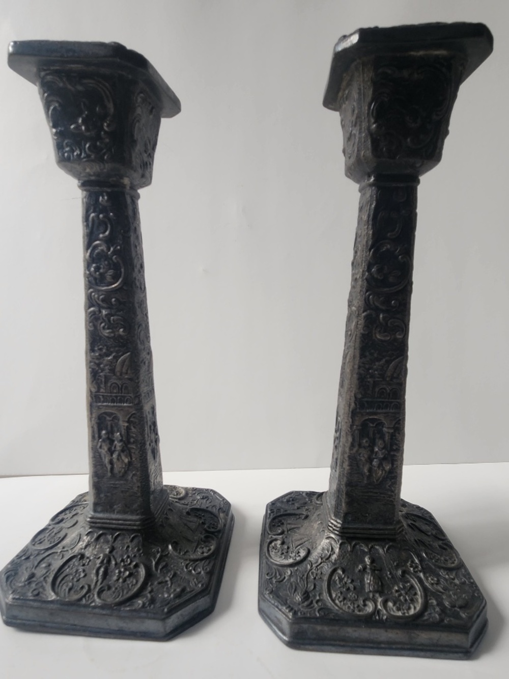 Silver Plate Vitg. Candlesticks w/ Scenic Design Stamped 5111 EP BM J F Friedman